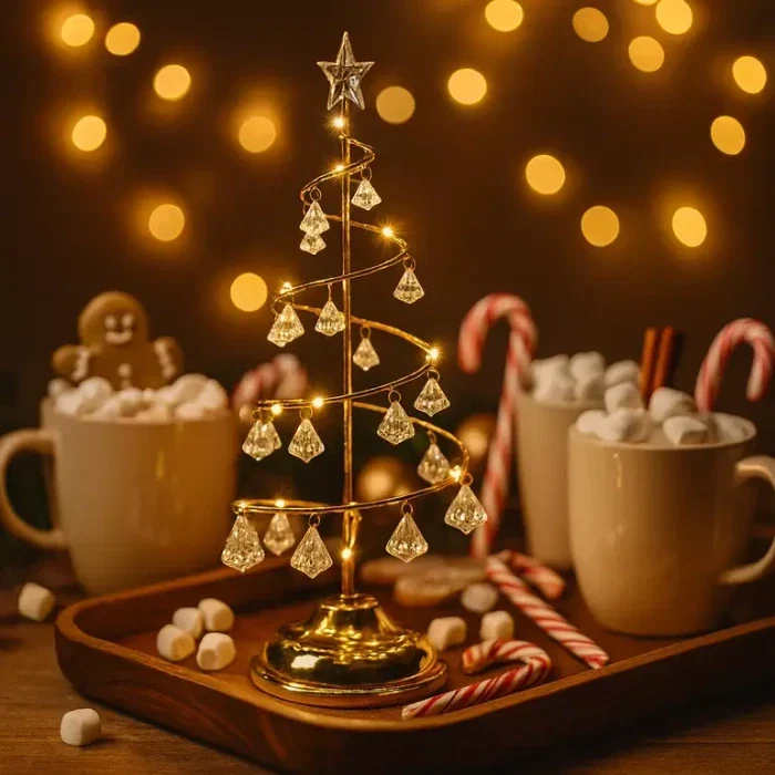 Kerstboomlamp spiraal – tafellamp met kristalachtige hangers en warm licht