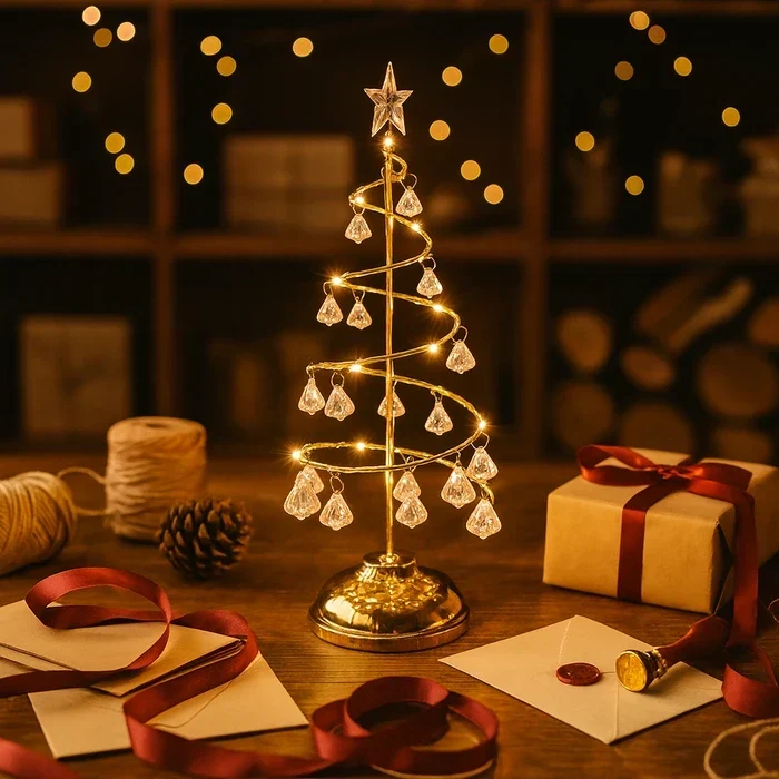 Kerstboomlamp spiraal – tafellamp met kristalachtige hangers en warm licht