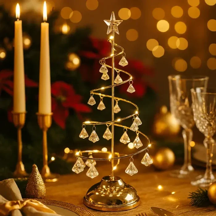 Kerstboomlamp spiraal – tafellamp met kristalachtige hangers en warm licht