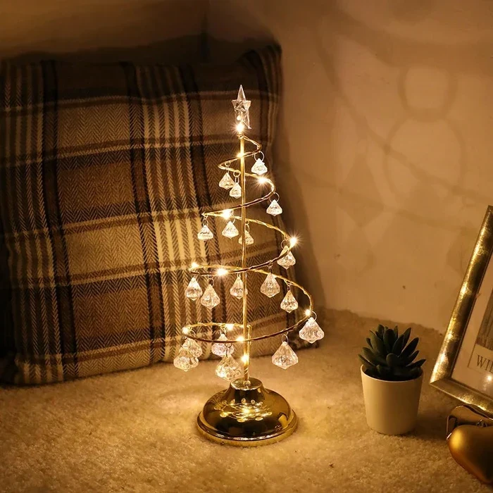 Kerstboomlamp spiraal – tafellamp met kristalachtige hangers en warm licht