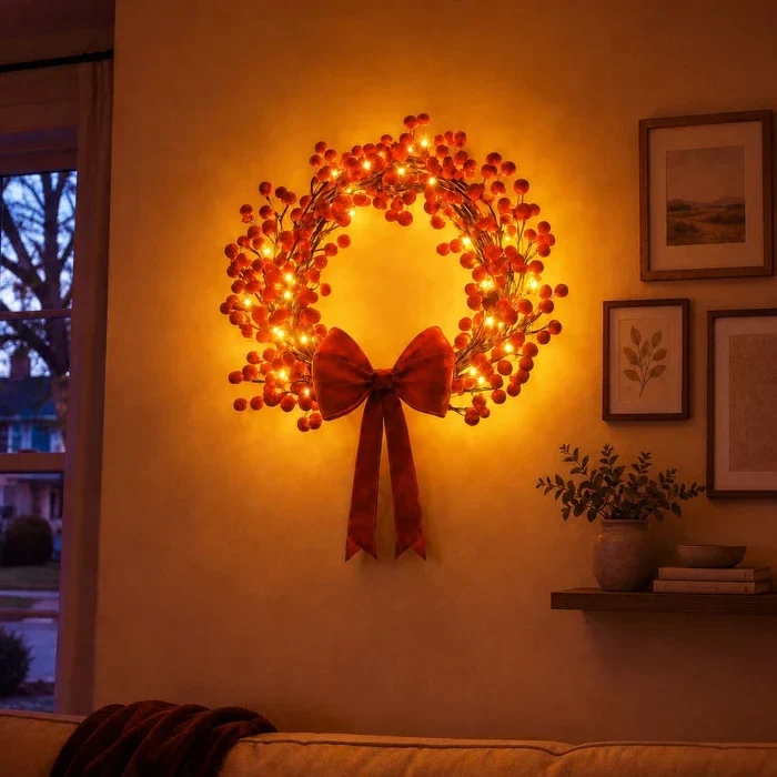 Hulstkrans met verlichting – rode besjes en warme lichtjes voor deur of muur