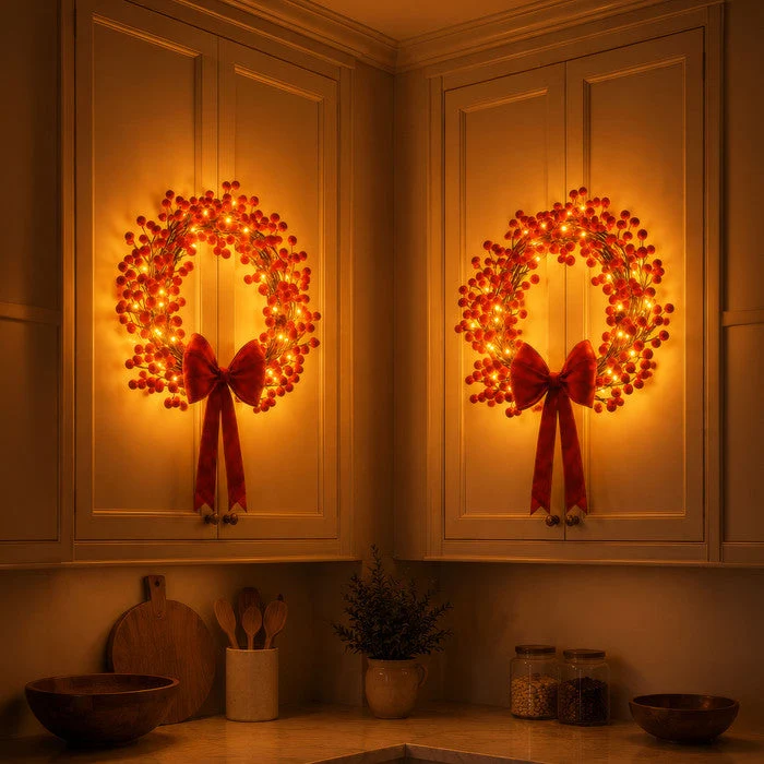 Hulstkrans met verlichting – rode besjes en warme lichtjes voor deur of muur