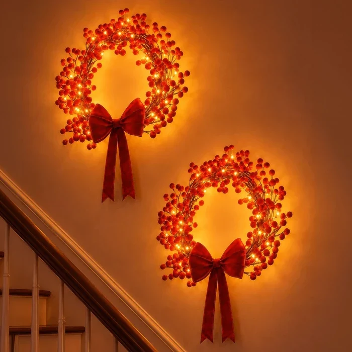 Hulstkrans met verlichting – rode besjes en warme lichtjes voor deur of muur