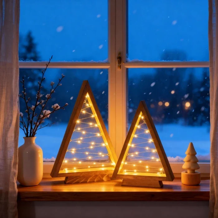 Houten kerstbomen driehoek – verlichte tafelset met sterretjeslampjes