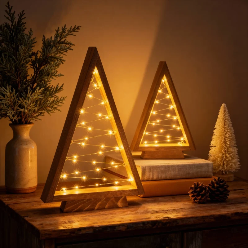 Houten kerstbomen driehoek – verlichte tafelset met sterretjeslampjes