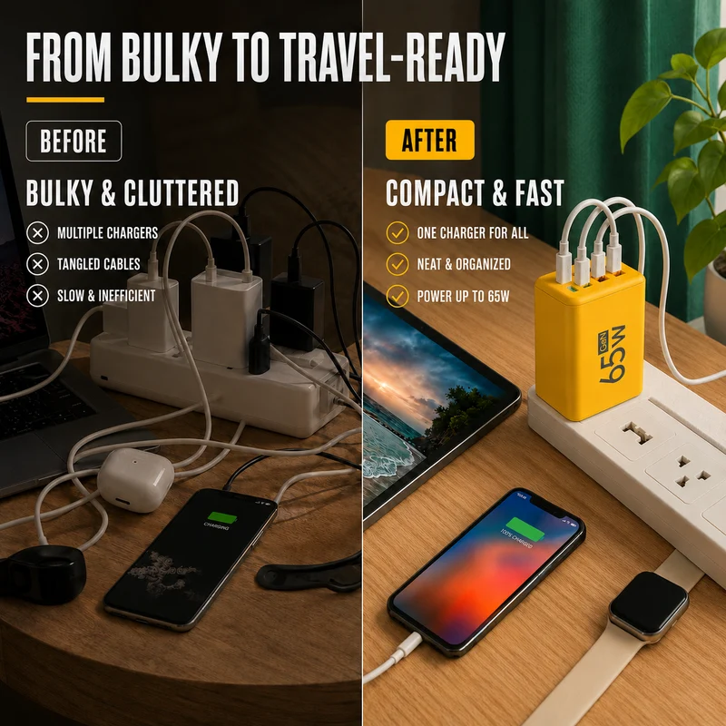 Reislader – klein GaN-blok dat telefoon, tablet en laptop voedt