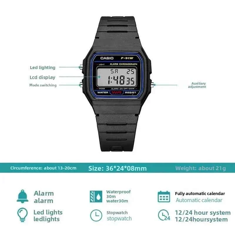 Orologio Casio F91W Retro impermeabile - Elegante, semplice, piccolo, quadrato, con display LCD, elettronico