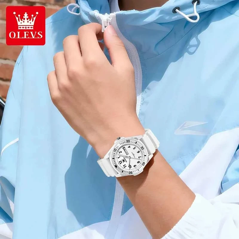 Orologio OLEVS 2703 con movimento al quarzo, doppio calendario, cinturino in silicone e impermeabile fino a 30 metri, ideale per studenti.