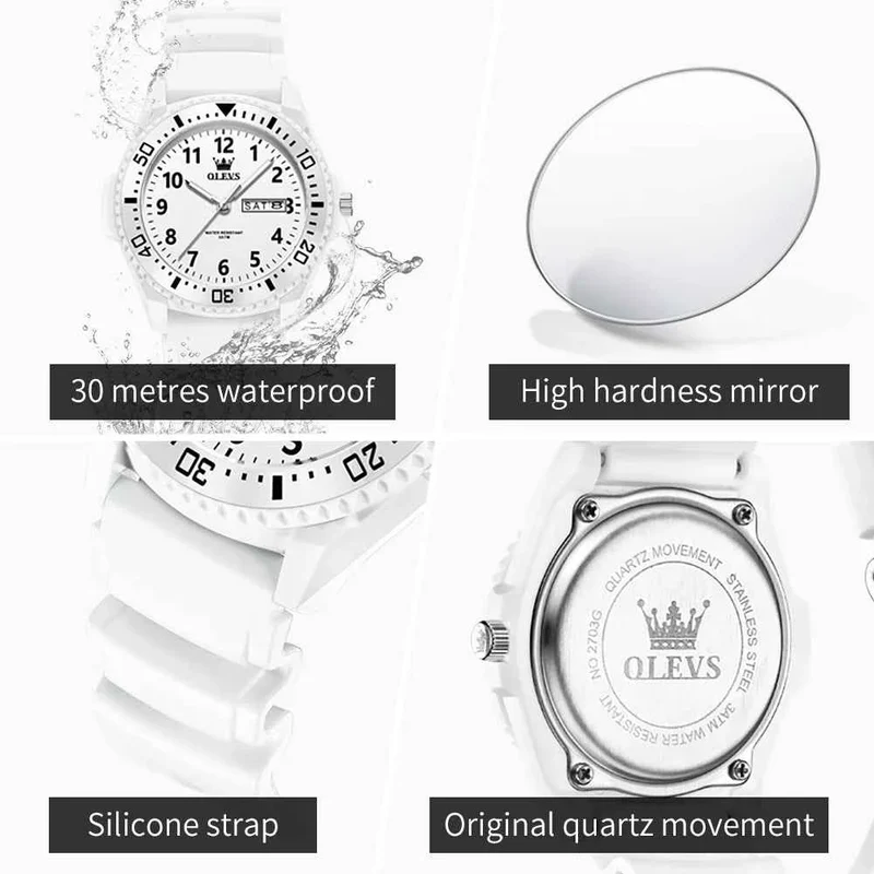 Orologio OLEVS 2703 con movimento al quarzo, doppio calendario, cinturino in silicone e impermeabile fino a 30 metri, ideale per studenti.