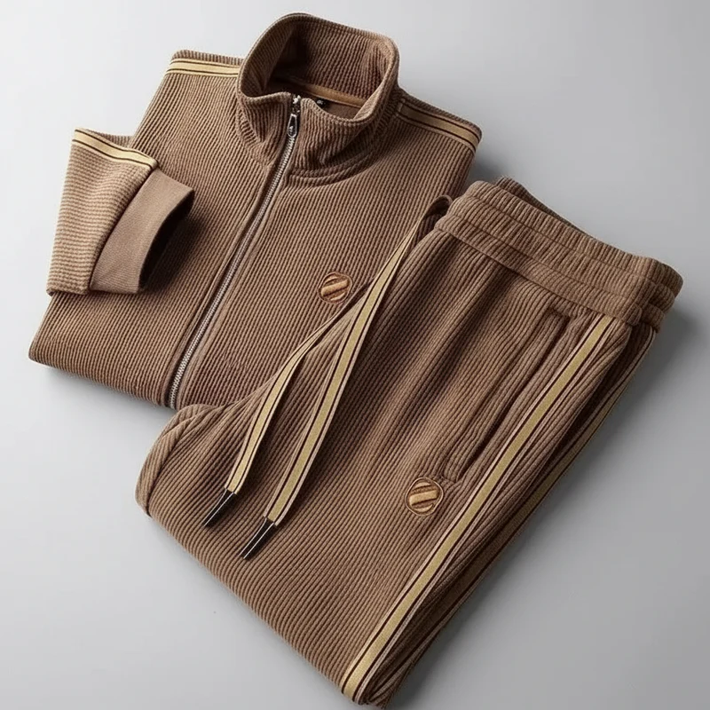 Completo sportivo autunnale da uomo: cardigan con cappuccio e cerniera e pantaloni della tuta a gamba dritta, due pezzi.