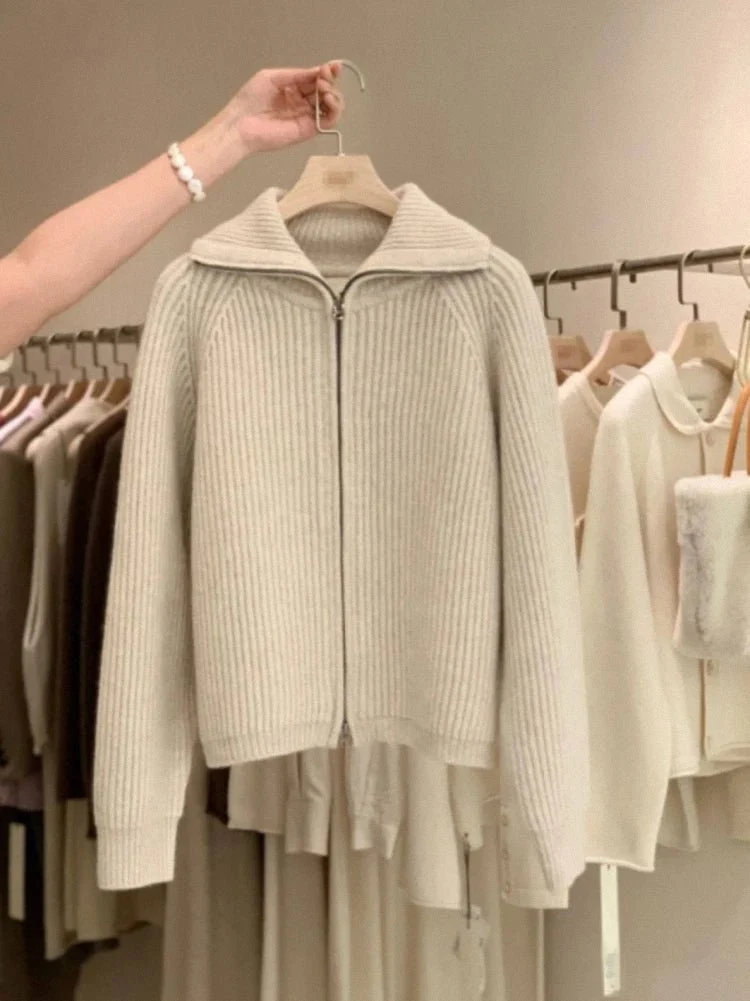 Cardigan da donna in cashmere con cerniera - Cappotto lavorato a maglia spessa 100% puro cashmere con revers per autunno e inverno