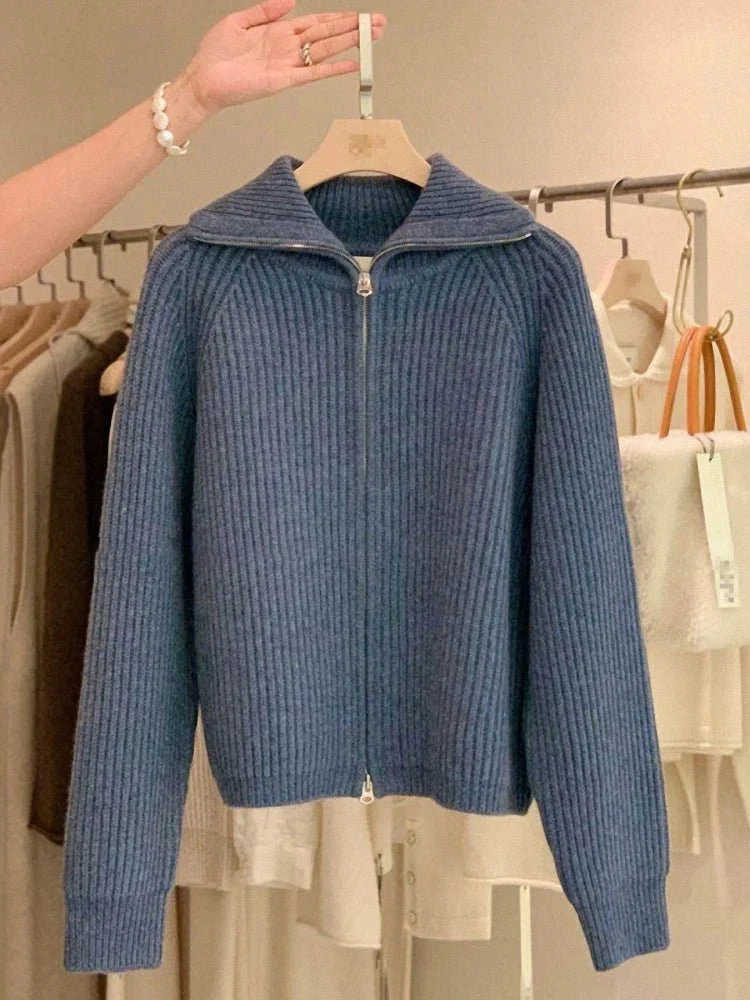 Cardigan da donna in cashmere con cerniera - Cappotto lavorato a maglia spessa 100% puro cashmere con revers per autunno e inverno