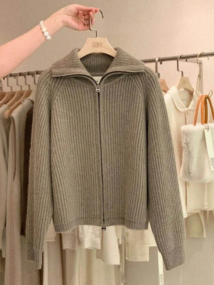 Cardigan da donna in cashmere con cerniera - Cappotto lavorato a maglia spessa 100% puro cashmere con revers per autunno e inverno