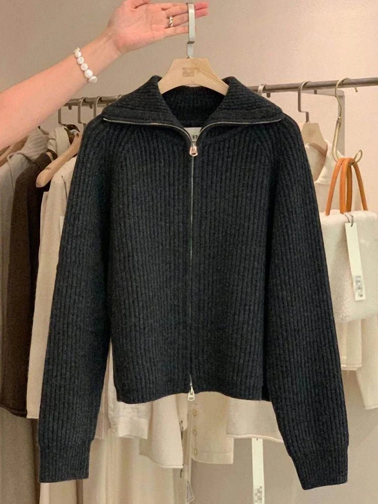 Cardigan da donna in cashmere con cerniera - Cappotto lavorato a maglia spessa 100% puro cashmere con revers per autunno e inverno