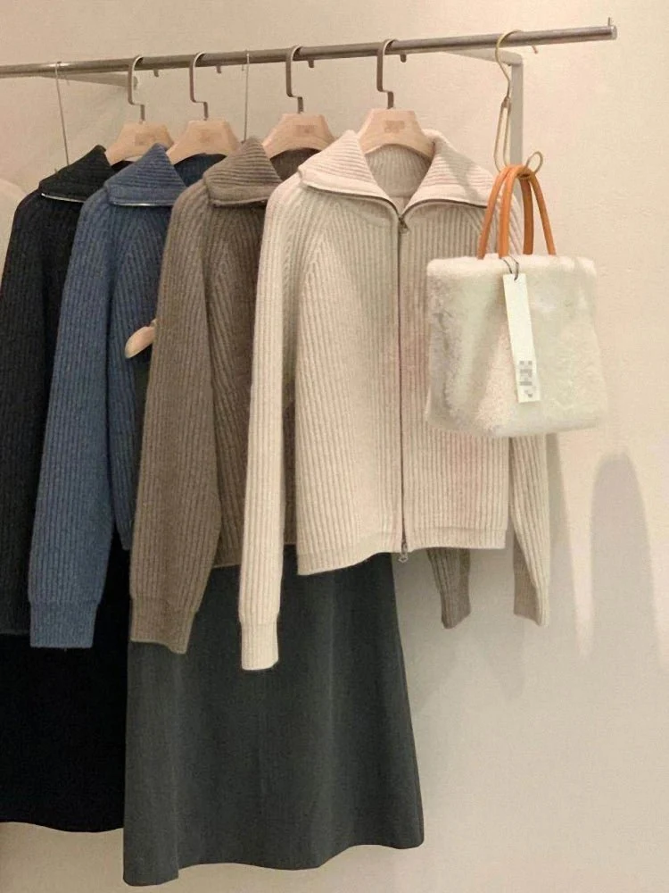 Cardigan da donna in cashmere con cerniera - Cappotto lavorato a maglia spessa 100% puro cashmere con revers per autunno e inverno