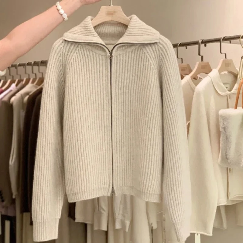 Cardigan da donna in cashmere con cerniera - Cappotto lavorato a maglia spessa 100% puro cashmere con revers per autunno e inverno
