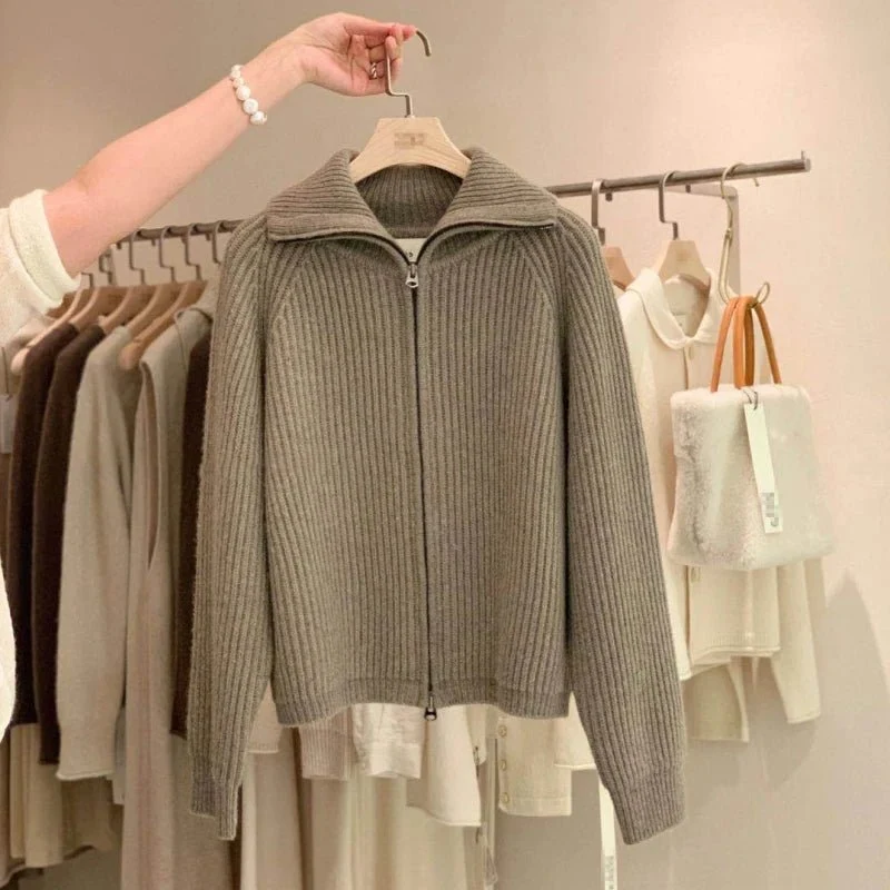 Cardigan da donna in cashmere con cerniera - Cappotto lavorato a maglia spessa 100% puro cashmere con revers per autunno e inverno