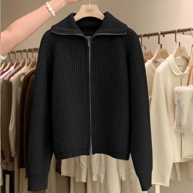 Cardigan da donna in cashmere con cerniera - Cappotto lavorato a maglia spessa 100% puro cashmere con revers per autunno e inverno