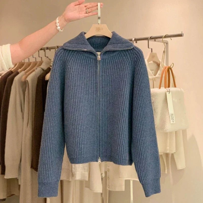 Cardigan da donna in cashmere con cerniera - Cappotto lavorato a maglia spessa 100% puro cashmere con revers per autunno e inverno