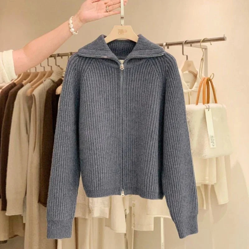 Cardigan da donna in cashmere con cerniera - Cappotto lavorato a maglia spessa 100% puro cashmere con revers per autunno e inverno