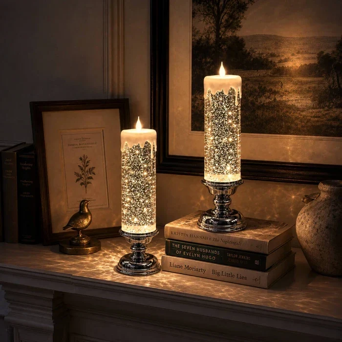 LED-glitterkaars – vlamloze kaars met dwarrelende glitter en warm licht