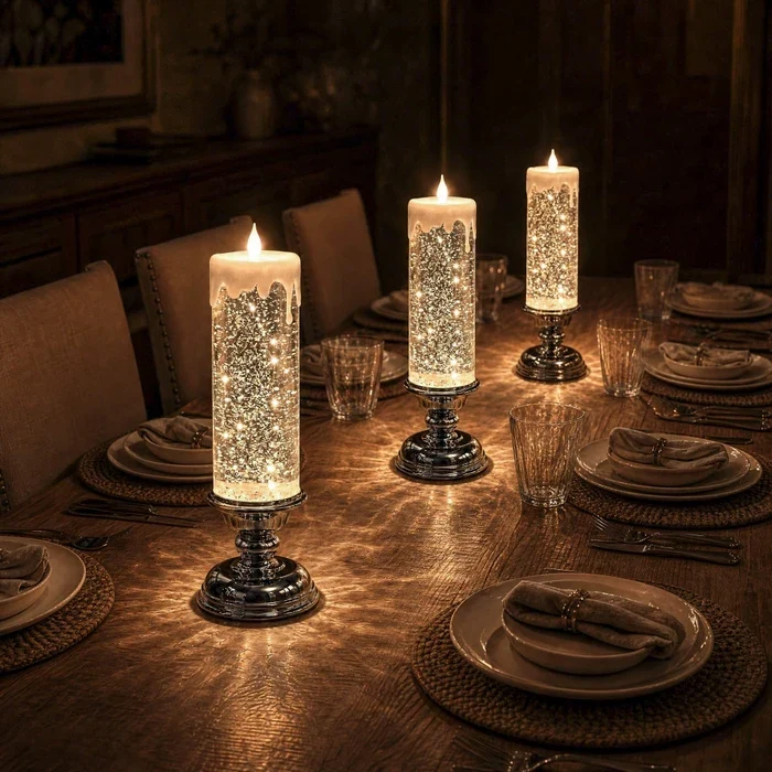 LED-glitterkaars – vlamloze kaars met dwarrelende glitter en warm licht