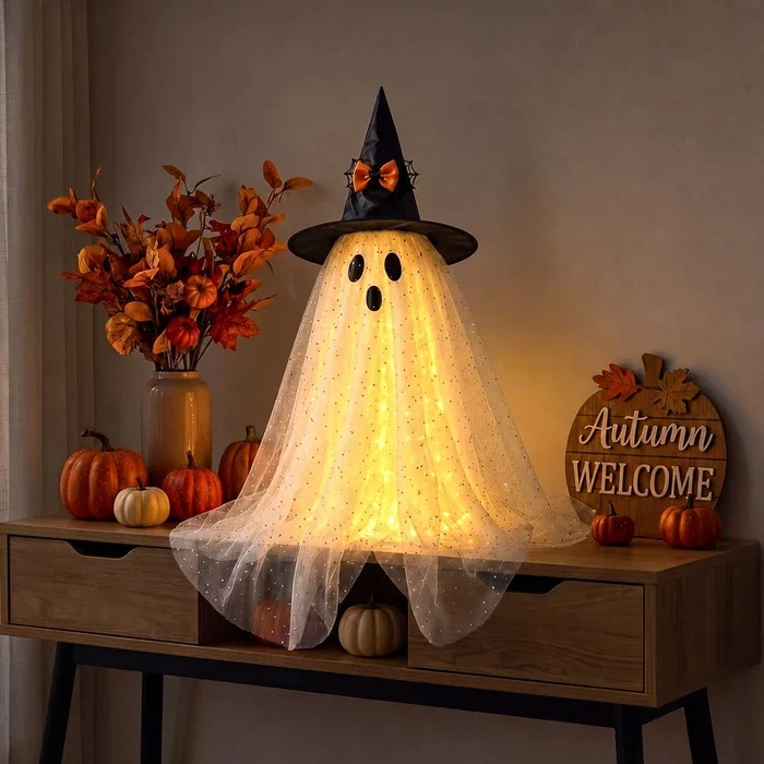 Verlicht halloweenspookje – glinsterende tule figuur met heksenhoed