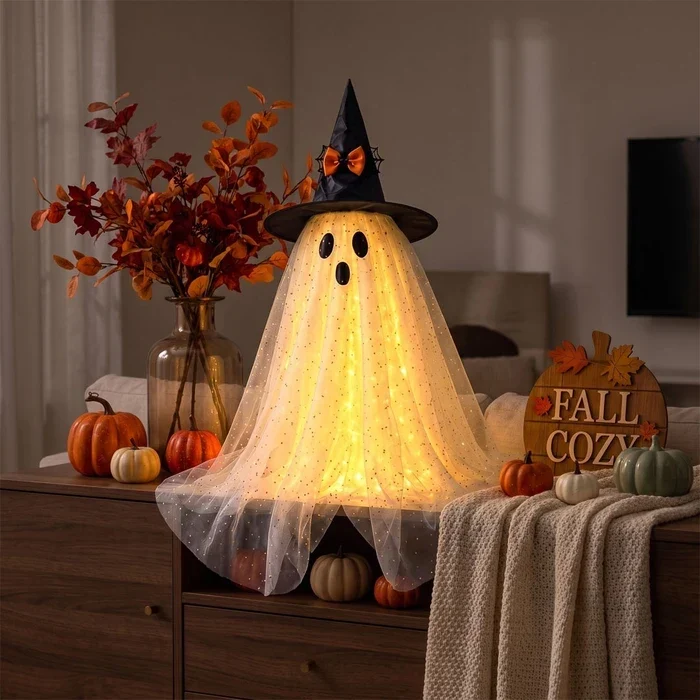 Verlicht halloweenspookje – glinsterende tule figuur met heksenhoed