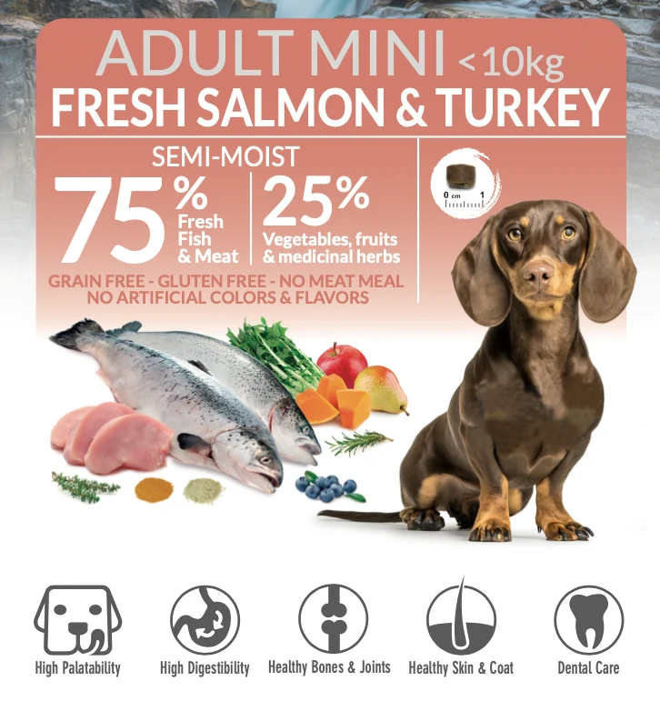 Alimento semihúmedo con Salmón y Pavo fresco para perros de razas MINI - Fresh