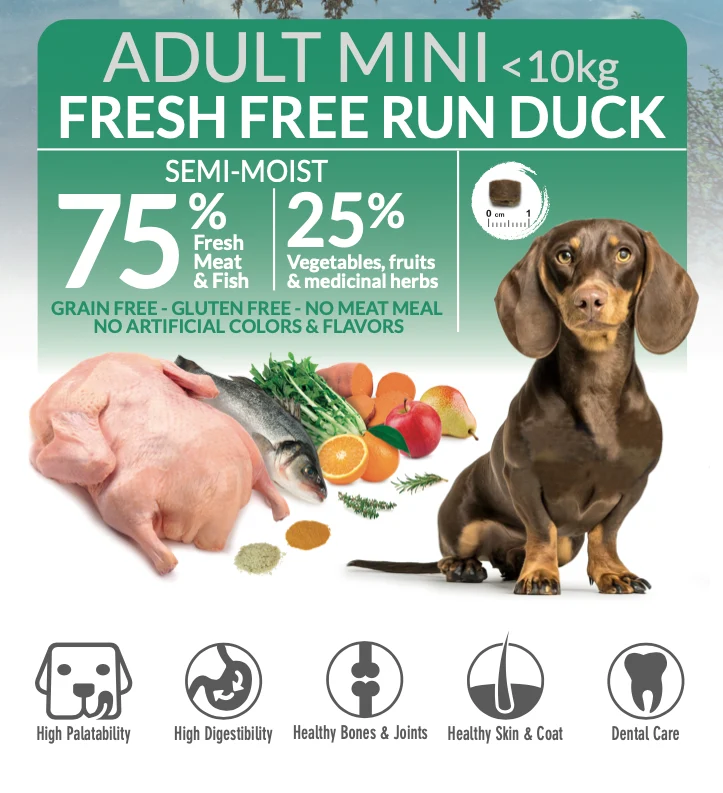 Alimento semihúmedo con Pato de Granja fresco para perros de razas MINI - Fresh
