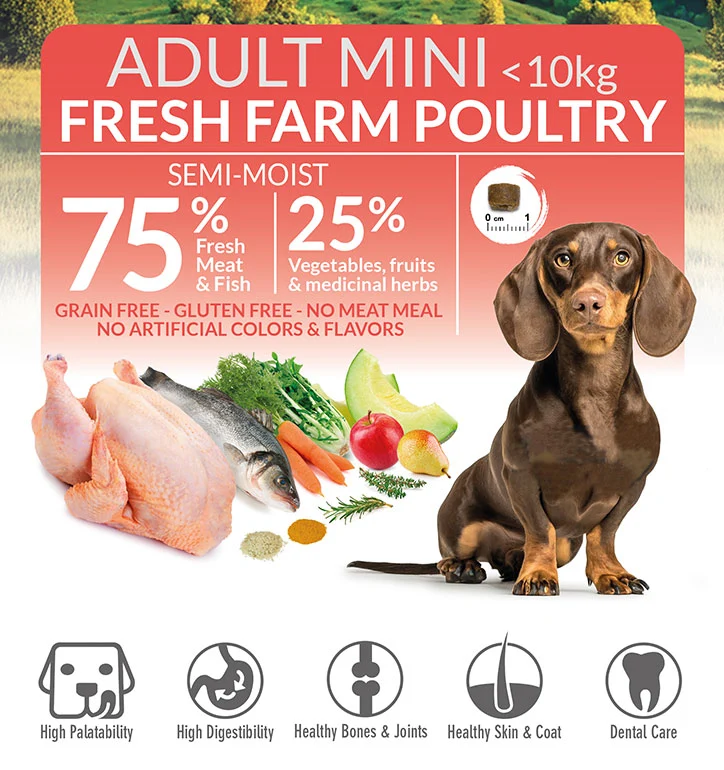 Alimento semihúmedo con Pollo de Corral fresco para perros de razas MINI - Fresh