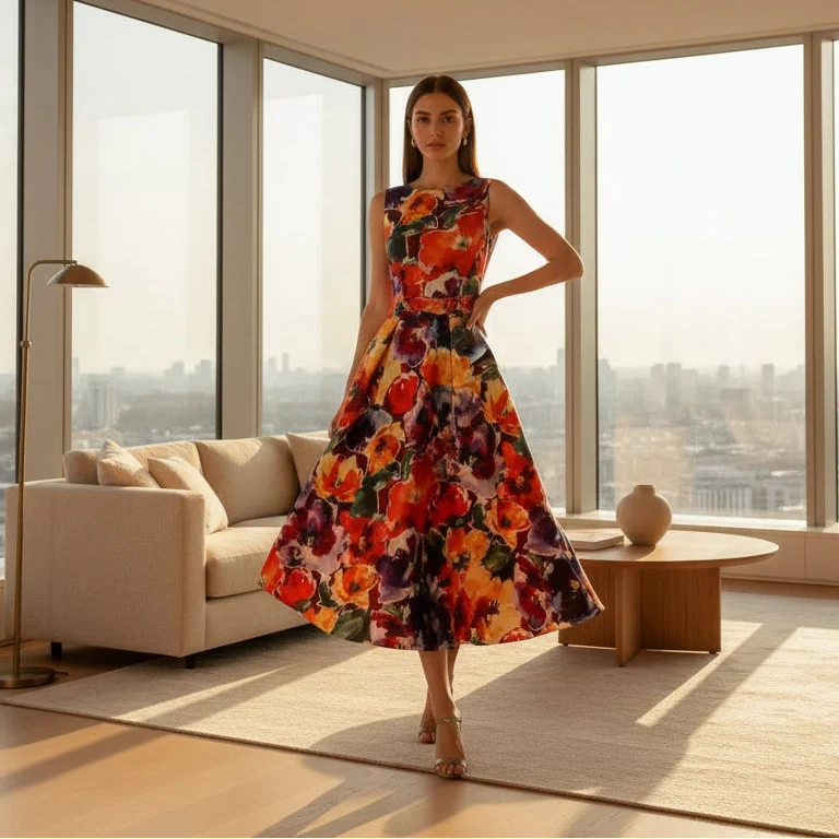 Elegante abito da sera estivo taglie forti con stampa floreale - Abito da banchetto senza maniche a trapezio dalla vestibilità aderente