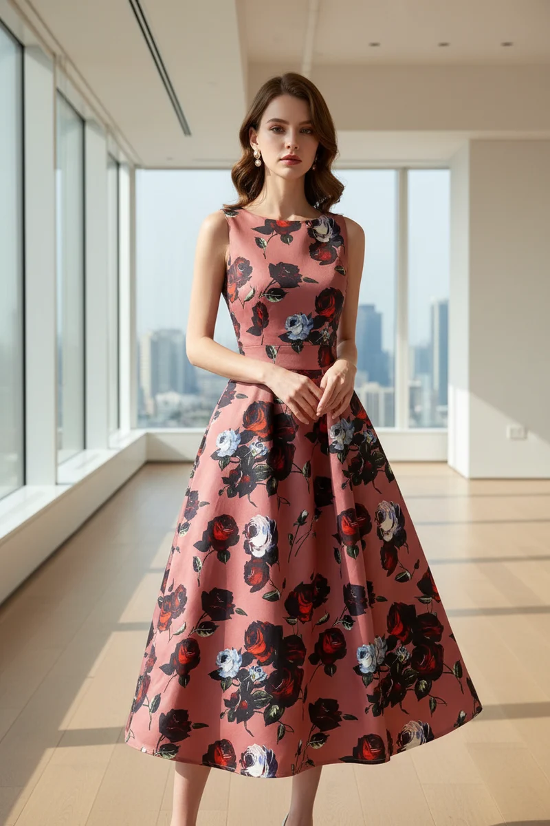 Elegante abito da sera estivo taglie forti con stampa floreale - Abito da banchetto senza maniche a trapezio dalla vestibilità aderente