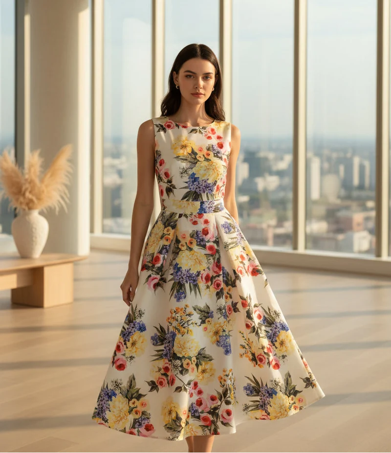 Elegante abito da sera estivo taglie forti con stampa floreale - Abito da banchetto senza maniche a trapezio dalla vestibilità aderente