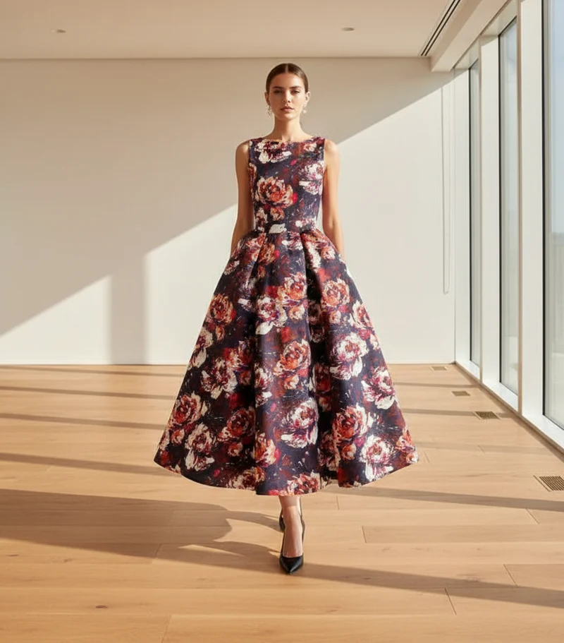 Elegante abito da sera estivo taglie forti con stampa floreale - Abito da banchetto senza maniche a trapezio dalla vestibilità aderente