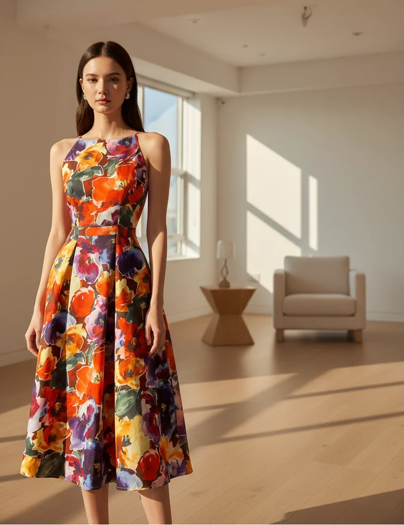 Elegante abito da sera estivo taglie forti con stampa floreale - Abito da banchetto senza maniche a trapezio dalla vestibilità aderente
