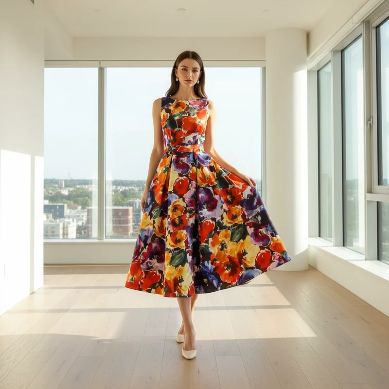 Elegante abito da sera estivo taglie forti con stampa floreale - Abito da banchetto senza maniche a trapezio dalla vestibilità aderente