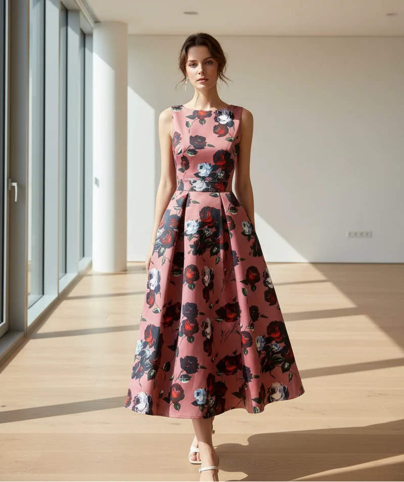 Elegante abito da sera estivo taglie forti con stampa floreale - Abito da banchetto senza maniche a trapezio dalla vestibilità aderente