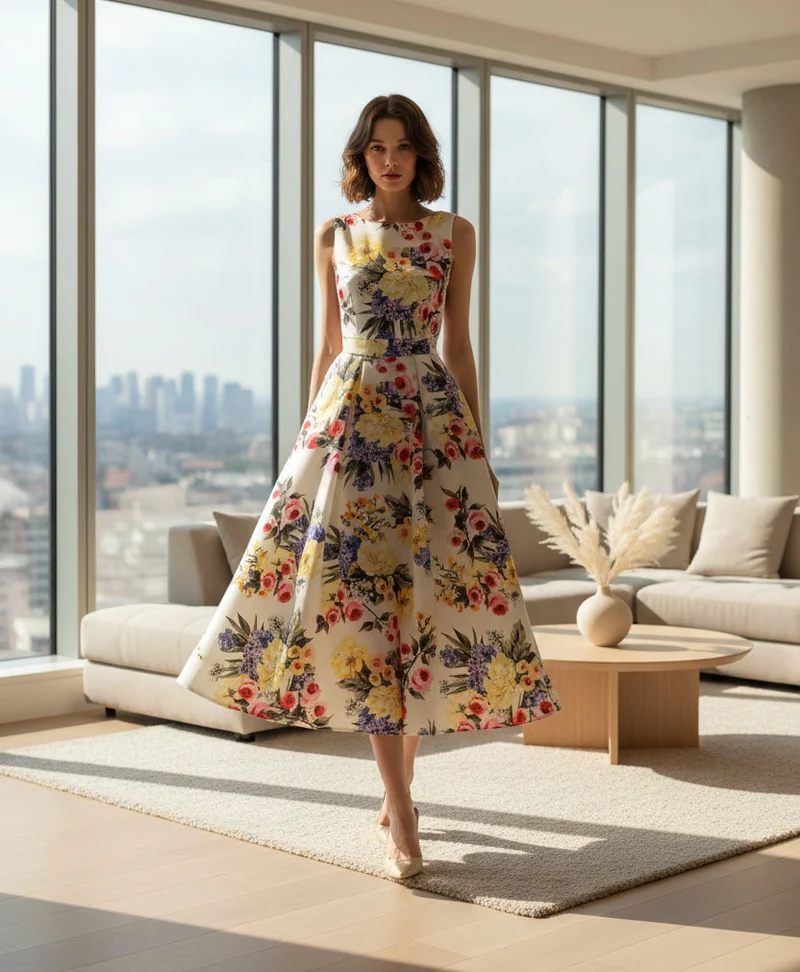 Elegante abito da sera estivo taglie forti con stampa floreale - Abito da banchetto senza maniche a trapezio dalla vestibilità aderente