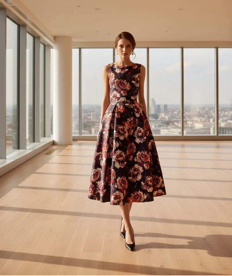 Elegante abito da sera estivo taglie forti con stampa floreale - Abito da banchetto senza maniche a trapezio dalla vestibilità aderente