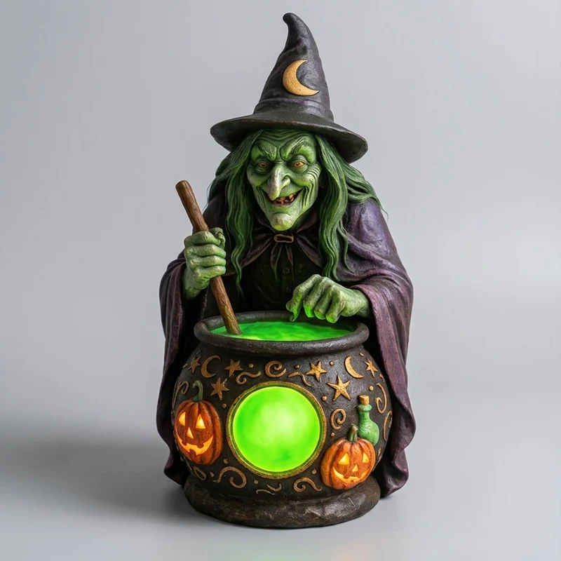 Halloweenlamp heks – Gesculpteerd tafereel met groene ketelgloed op USB