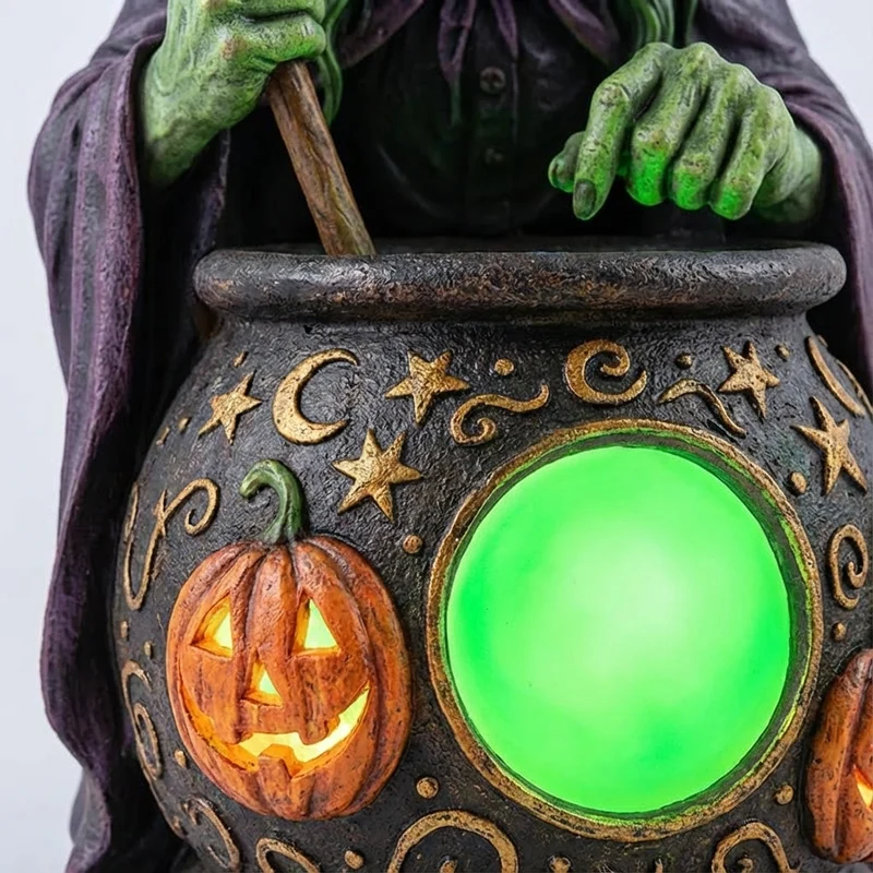 Halloweenlamp heks – Gesculpteerd tafereel met groene ketelgloed op USB