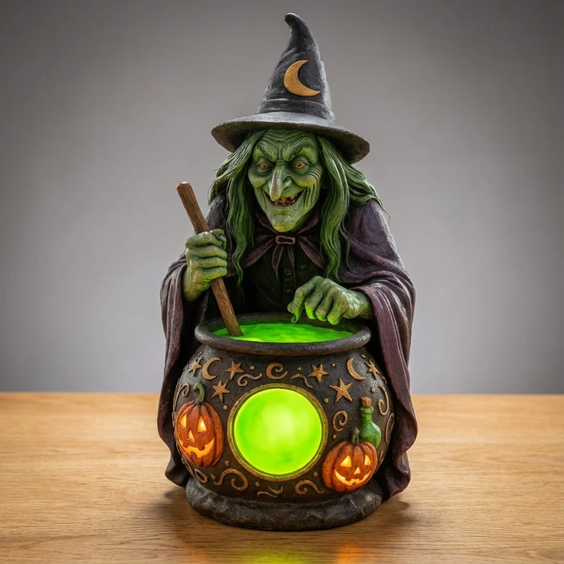 Halloweenlamp heks – Gesculpteerd tafereel met groene ketelgloed op USB