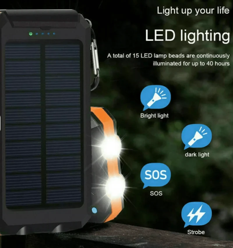 Powerbank op zonne-energie – Twee usb-poorten, IPX5 en ledzaklamp