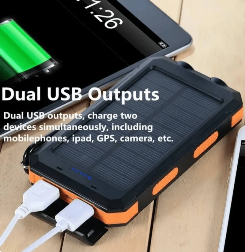 Powerbank op zonne-energie – Twee usb-poorten, IPX5 en ledzaklamp