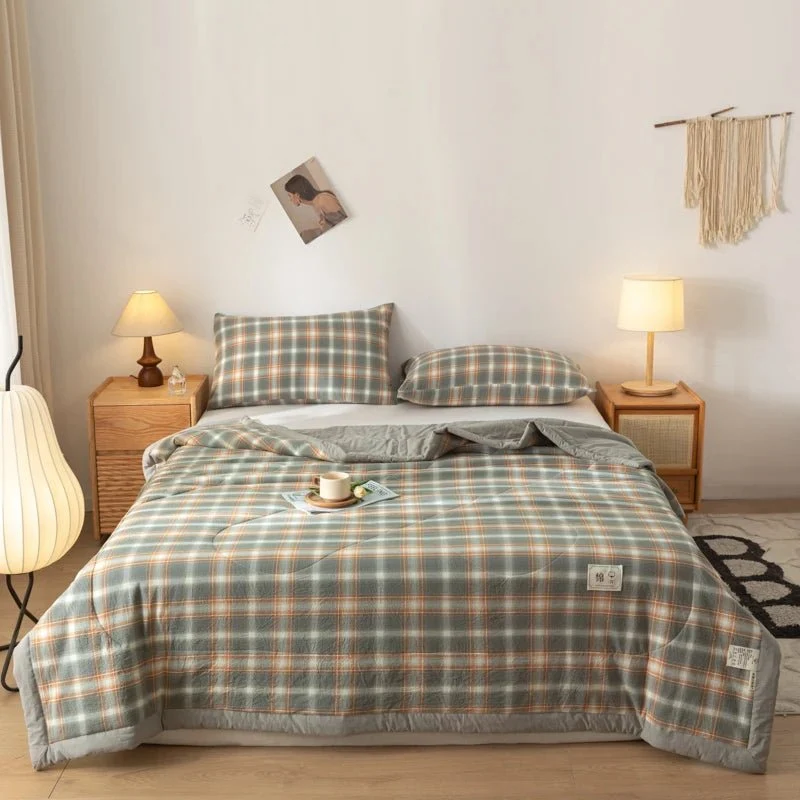 Quilted Cotton Summer Duvet - Soft Plaid Comforter for Single, Twin, Queen Size