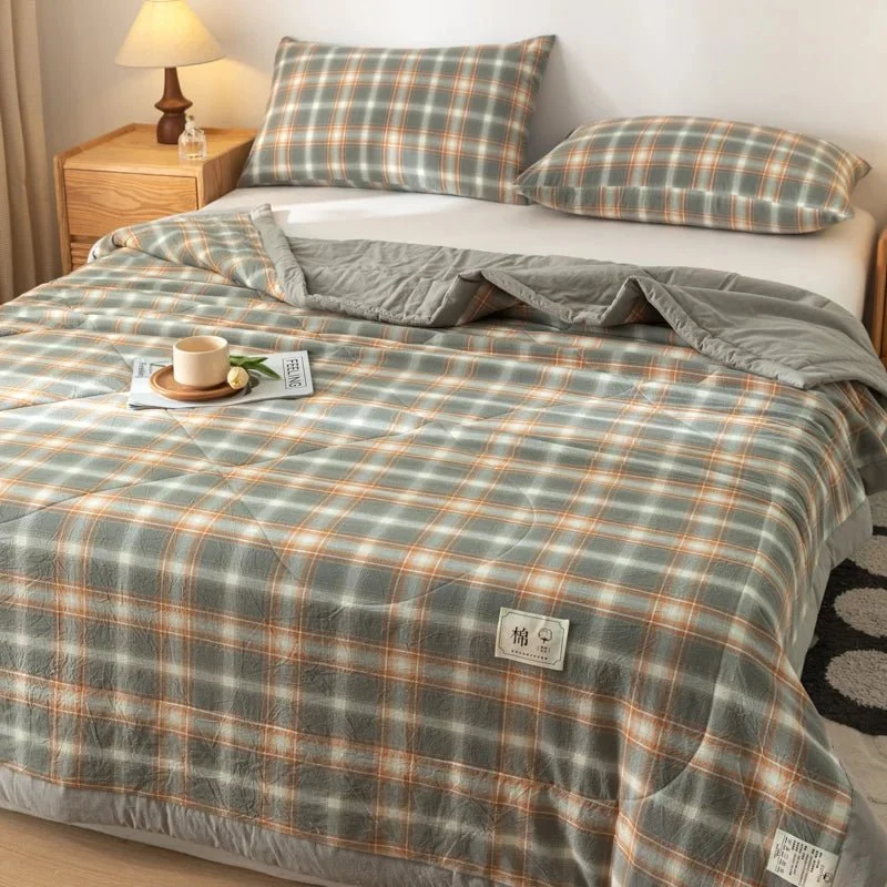 Quilted Cotton Summer Duvet - Soft Plaid Comforter for Single, Twin, Queen Size