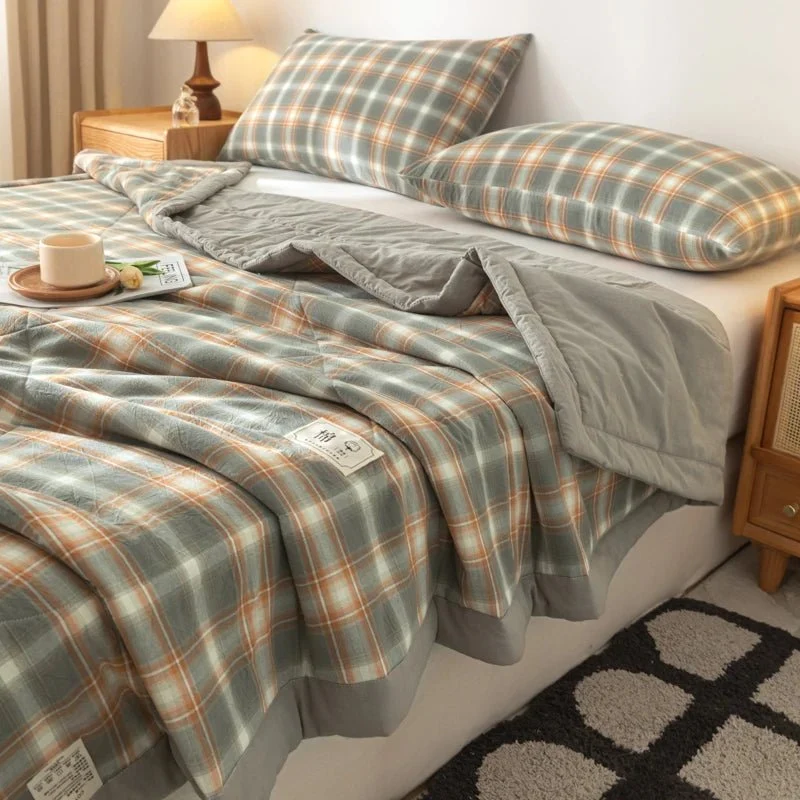 Quilted Cotton Summer Duvet - Soft Plaid Comforter for Single, Twin, Queen Size