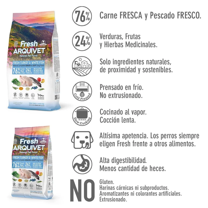 Alimento semihúmedo Light con Pavo y Pescado Blanco frescos para perros senior o con sobrepeso - Fresh