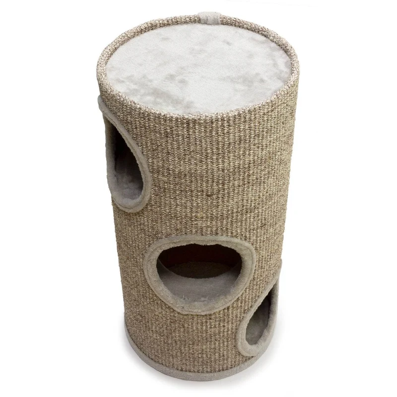 Rascador cilíndrico beige con agujeros